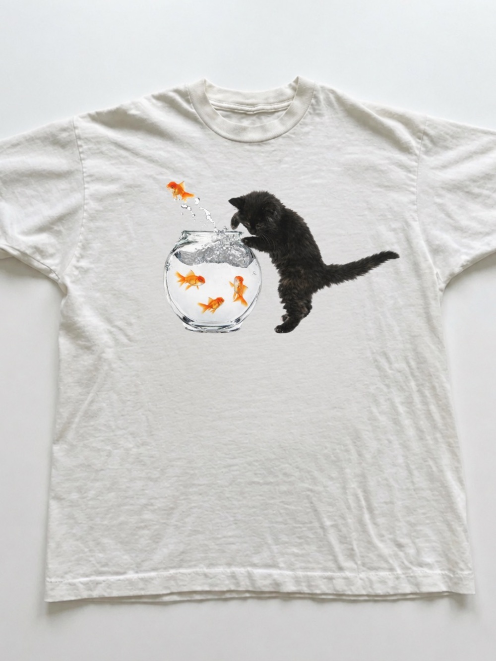 White Tee with Black Cat and Orange Goldfish Graphic